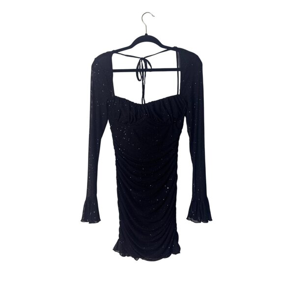 Black Ruched Long Sleeve Mini Dress With Glitter Accents & Tie Back - Picture 1 of 4